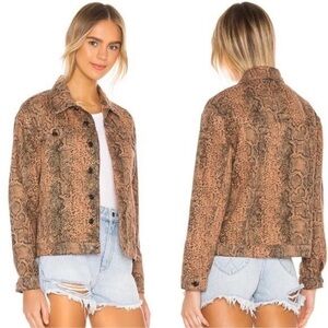 Free People Jacket Womens Size XS Brown Snake Print Boyfriend Trucker Denim